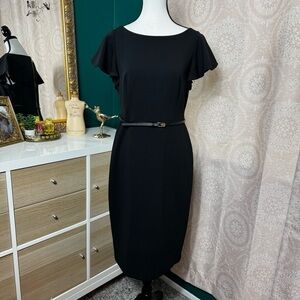 Calvin Klein Butterfly Sleeve Black Crepe Formal Midi Dress w/ Belt Size 8